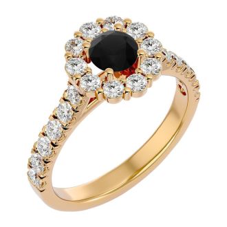1 1/2 Carat Halo Black Diamond Engagement Ring In 14 Karat Yellow Gold