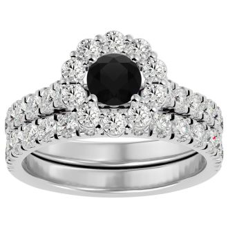 2 Carat Halo Black Diamond Bridal Set In 14 Karat White Gold