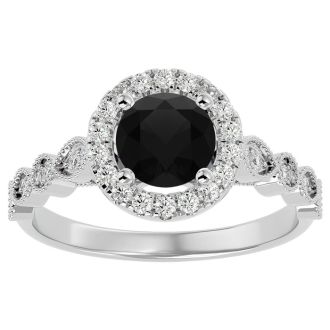 1 1/3 Carat Halo Black Diamond Engagement Ring In 14 Karat White Gold