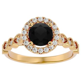 1 1/3 Carat Halo Black Diamond Engagement Ring In 14 Karat Yellow Gold