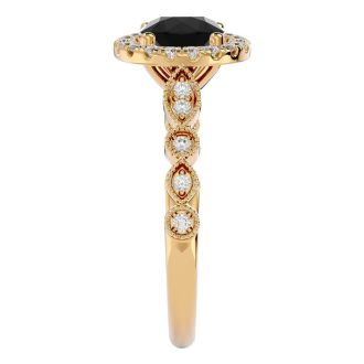 1 1/3 Carat Halo Black Diamond Engagement Ring In 14 Karat Yellow Gold
