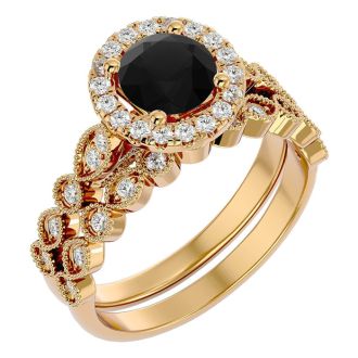 1 1/2 Carat Halo Black Diamond Bridal Set In 14 Karat Yellow Gold
