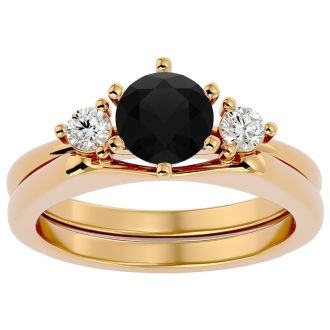1 Carat Black Diamond Solitaire Ring With 1/5 Carat Enhancer In 14 Karat Yellow Gold