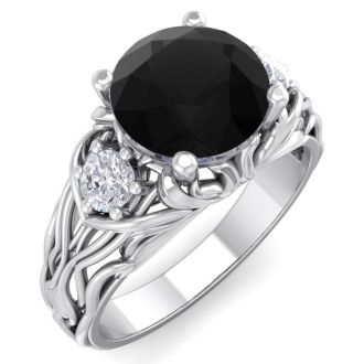 2 1/4 Carat Round Shape Black Diamond Intricate Vine Engagement Ring In 14 Karat White Gold