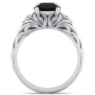 2 1/4 Carat Round Shape Black Diamond Intricate Vine Engagement Ring In 14 Karat White Gold