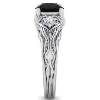 2 1/4 Carat Round Shape Black Diamond Intricate Vine Engagement Ring In 14 Karat White Gold