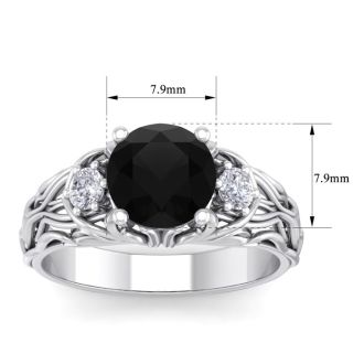 2 1/4 Carat Round Shape Black Diamond Intricate Vine Engagement Ring In 14 Karat White Gold