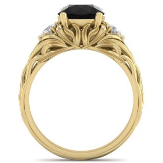 2 1/4 Carat Round Shape Black Diamond Intricate Vine Engagement Ring In 14 Karat Yellow Gold