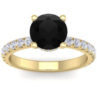 2 1/2 Carat Round Shape Hidden Halo Black Diamond Engagement Ring In 14 Karat Yellow Gold