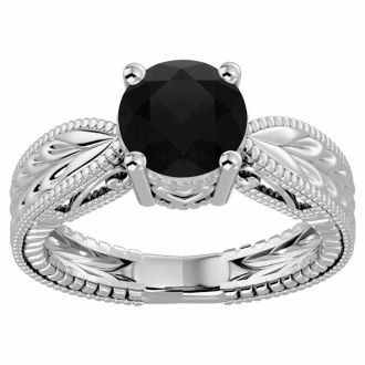 2 Carat Black Diamond Solitaire Engagement Ring with Tapered Etched Band In 14 Karat White Gold