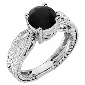 2 Carat Black Diamond Solitaire Engagement Ring with Tapered Etched Band In 14 Karat White Gold