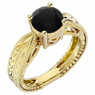 2 Carat Black Diamond Solitaire Engagement Ring with Tapered Etched Band In 14 Karat Yellow Gold