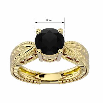 2 Carat Black Diamond Solitaire Engagement Ring with Tapered Etched Band In 14 Karat Yellow Gold