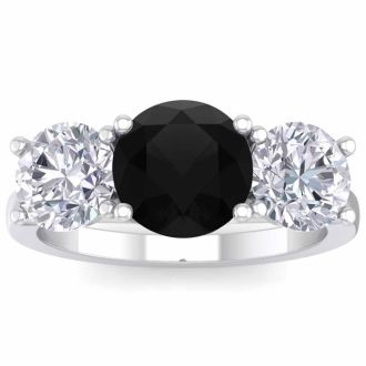 4 Carat Black Diamond Three Stone Ring In 14 Karat White Gold. Huge Amazing Ring!
