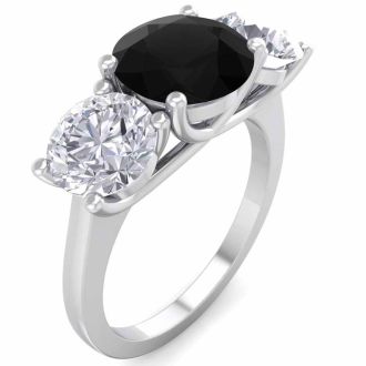 4 Carat Black Diamond Three Stone Ring In 14 Karat White Gold. Huge Amazing Ring!