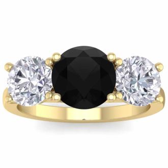 4 Carat Black Diamond Three Stone Ring In 14 Karat Yellow Gold. Huge Amazing Ring!
