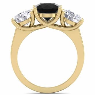 4 Carat Black Diamond Three Stone Ring In 14 Karat Yellow Gold. Huge Amazing Ring!