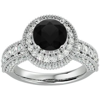 3 1/2 Carat Black Diamond Halo Engagement Ring In 14 Karat White Gold