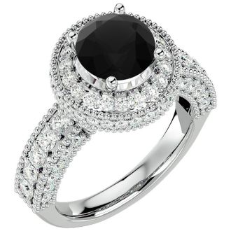 3 1/2 Carat Black Diamond Halo Engagement Ring In 14 Karat White Gold