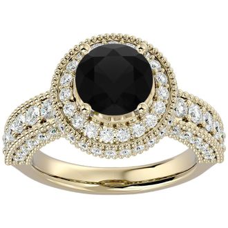 3 1/2 Carat Black Diamond Halo Engagement Ring In 14 Karat Yellow Gold