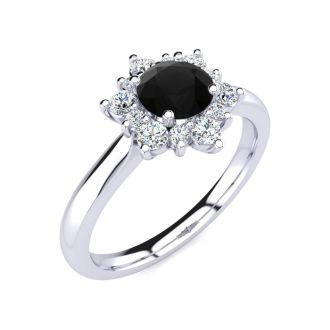 2 3/4 Carat Round Shape Flower Halo Black Diamond Engagement Ring In 14 Karat White Gold