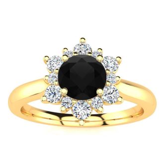 2 3/4 Carat Round Shape Flower Halo Black Diamond Engagement Ring In 14 Karat Yellow Gold