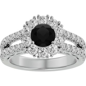4 Carat Black Diamond Halo Engagement Ring In 14 Karat White Gold