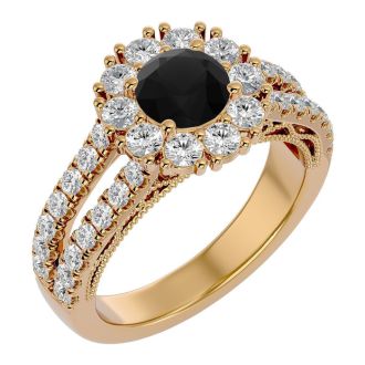 4 Carat Black Diamond Halo Engagement Ring In 14 Karat Yellow Gold