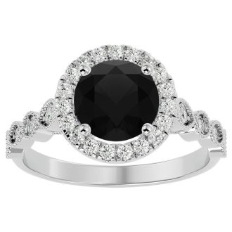 2 1/2 Carat Halo Black Diamond Engagement Ring In 14 Karat White Gold