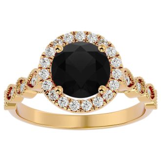 2 1/2 Carat Halo Black Diamond Engagement Ring In 14 Karat Yellow Gold