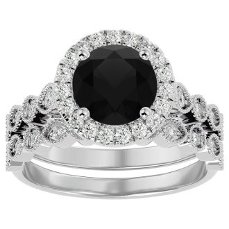 2 1/2 Carat Halo Black Diamond Bridal Set In 14 Karat White Gold
