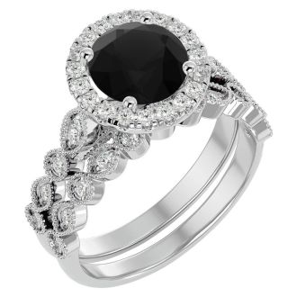 2 1/2 Carat Halo Black Diamond Bridal Set In 14 Karat White Gold