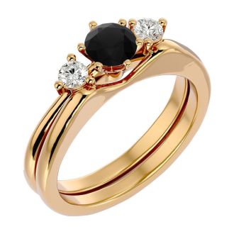 1/2 Carat Black Diamond Solitaire Ring With 1/5 Carat Enhancer In 14 Karat Yellow Gold