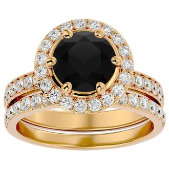 3 Carat Black Diamond Halo Bridal Set In 14 Karat Yellow Gold With 2 Carat Center Black Diamond