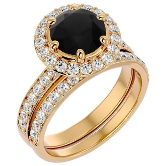 3 Carat Black Diamond Halo Bridal Set In 14 Karat Yellow Gold With 2 Carat Center Black Diamond