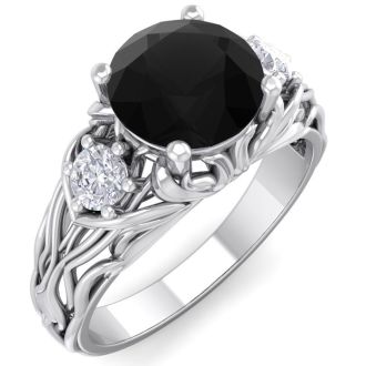 1 3/4 Carat Round Shape Black Diamond Intricate Vine Engagement Ring In 14 Karat White Gold