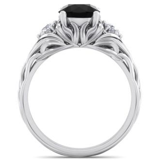 1 3/4 Carat Round Shape Black Diamond Intricate Vine Engagement Ring In 14 Karat White Gold