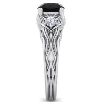 1 3/4 Carat Round Shape Black Diamond Intricate Vine Engagement Ring In 14 Karat White Gold