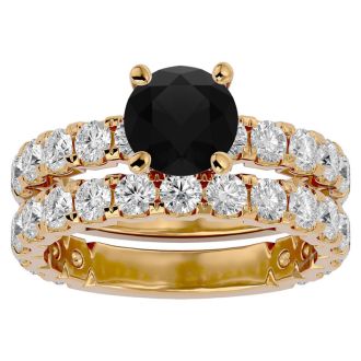 4 Carat Round Black Diamond Bridal Set In 14 Karat Yellow Gold