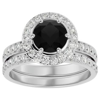 2 1/2 Carat Black Diamond Halo Bridal Set In 14 Karat White Gold With 1 1/2 Carat Center Diamond
