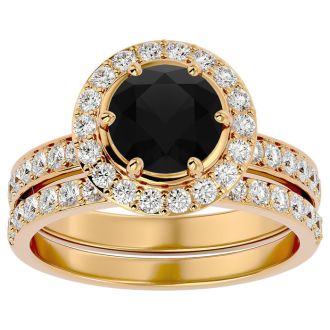 2 1/2 Carat Black Diamond Halo Bridal Set In 14 Karat Yellow Gold With 1 1/2 Carat Center Diamond