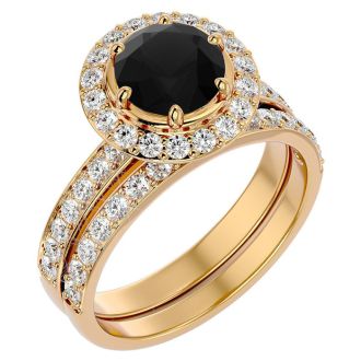 2 1/2 Carat Black Diamond Halo Bridal Set In 14 Karat Yellow Gold With 1 1/2 Carat Center Diamond
