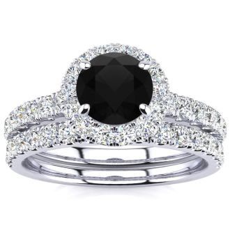 1 1/2 Carat Round Black Diamond Halo Bridal Set In 14 Karat White Gold