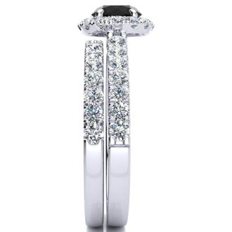 1 1/2 Carat Round Black Diamond Halo Bridal Set In 14 Karat White Gold