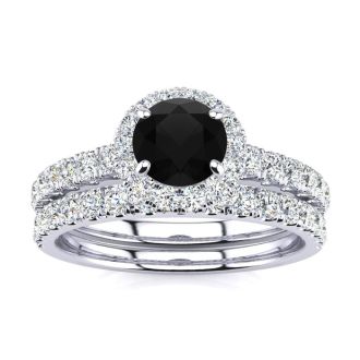 1/2 Carat Round Black Diamond Halo Bridal Set In 14 Karat White Gold
