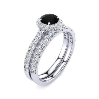 1/2 Carat Round Black Diamond Halo Bridal Set In 14 Karat White Gold