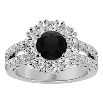 3 Carat Black Diamond Halo Engagement Ring In 14 Karat White Gold