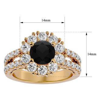 3 Carat Black Diamond Halo Engagement Ring In 14 Karat Yellow Gold