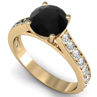 2 Carat Round Shape Black Diamond Engagement Ring In 14 Karat Yellow Gold