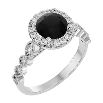 1 3/4 Carat Halo Black Diamond Engagement Ring In 14 Karat White Gold
